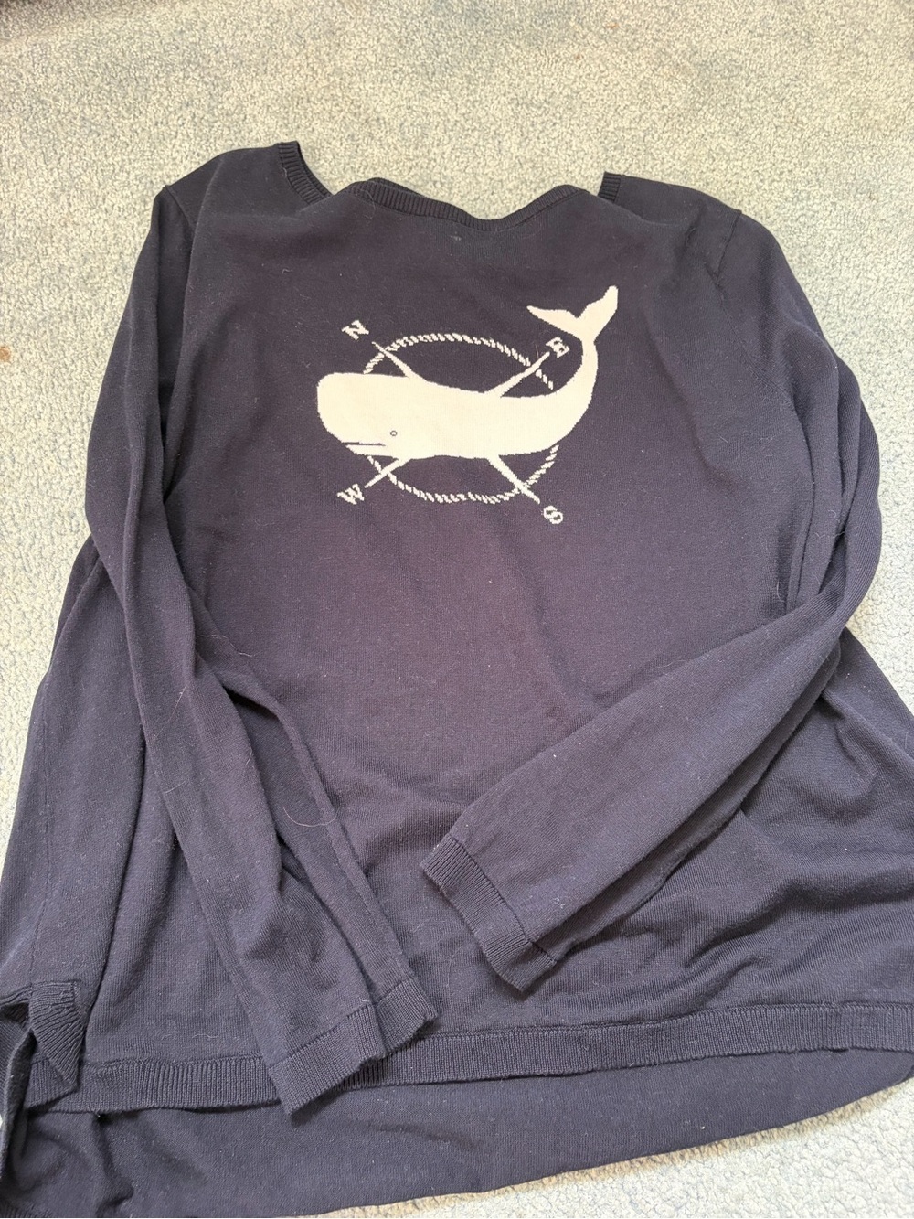 Talbots Navy Sweater with Cream Whale Compass Graphic